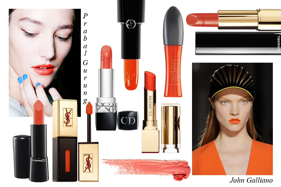 Rouge d’Armani Sheer Lipstick in 300, Giorgio Armani; Arden; Rouge Allure Excentrique, Chanel; Rouge Dior, 532, Dior; Rouge Eclat Lipstick in Spicy Orange, Clarins; Mineralize Rich, Utterly Delicious, M.A.C; Rouge Pur Couture Lip Lacquer in Orange Fusion, Yves Saint Laurent