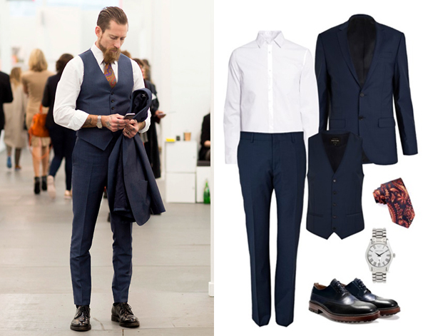Костюм-тройка, River Island; рубашка, H&M; туфли, Zara; часы, Emporio Armani; галстук, Sangar